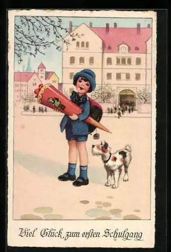 AK Schulanfang, Mädchen mit Schultüte, Ranzen & Hund