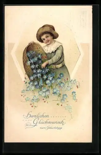 Präge-AK Geburtstagsgruss, Mädchen schüttet Korb voller Vergissmeinnicht aus
