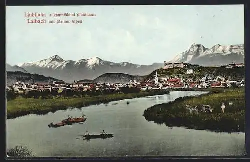 AK Ljubljana / Laibach, Stadtpanorama vom Flussufer aus, Blick auf die Steiner Alpen