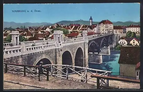 AK Marburg a. d. Drau, Ortsansicht entlang der Brücke