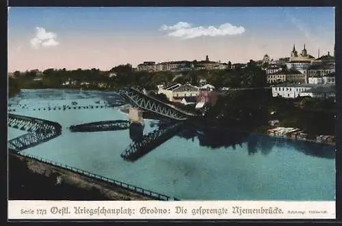 AK Grodno, Blick auf die gesprengte Njemenbrücke