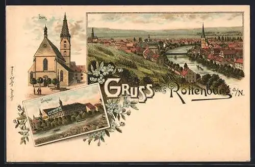 Lithographie Rottenburg a. N., Seminar, Dom, Ortsansicht