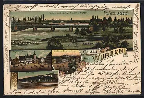 Lithographie Wurzen, Mulde mit Eisenbahnbrücke, Bahnhof, Mädchen-Bürgerschule