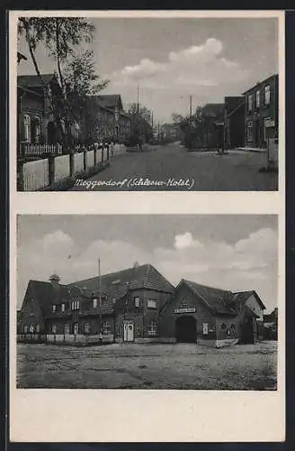 AK Meggerdorf /Schlesw.-Holst., Thöming`s Gasthof, Strassenpartie