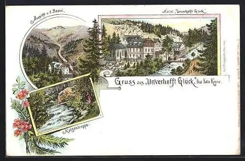 Lithographie Edle Krone, Hotel Unverhofft Glück, Aussicht von der Bastei, Katzentreppe