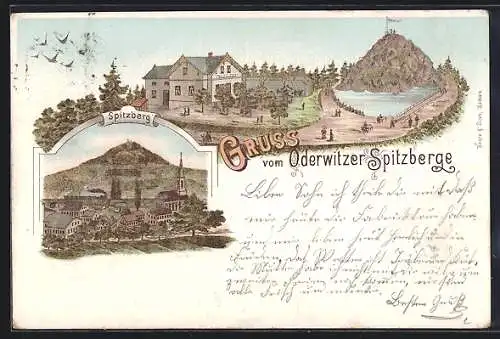 Lithographie Oderwitz, Gasthaus Spitzberge, Ortsansicht