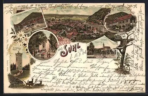 Lithographie Suhl i. Th., Solbad Ottilienquelle, Ottilienkapelle, Bismarck-Turm