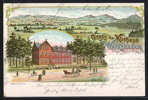 Lithographie Zittau-Eichgraben, Kurhaus Waldfrieden, Panorama