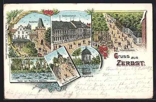 Lithographie Zerbst, Gasthaus Friedrichsholz, Teich von Rephun`s Garten, Schlossfreiheit