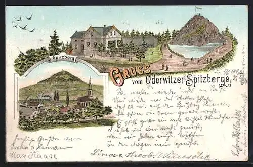 Lithographie Oderwitz, Gasthaus Spitzberge, Ortsansicht