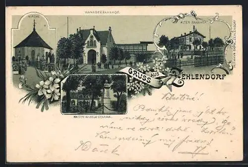 Lithographie Berlin-Zehlendorf, Wannseebahnhof, Alter Bahnhof, Kirche