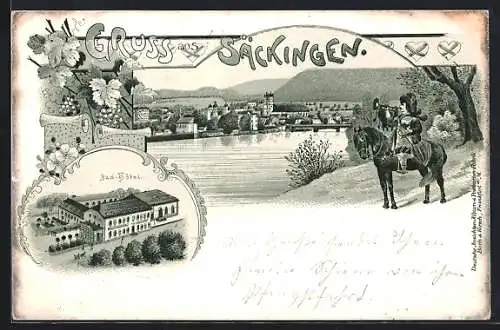 Lithographie Bad Säckingen, Gasthof Zum Schützen, Trompeter, Wein