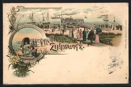 Lithographie Zinnowitz, Strandpartie, Anlegestelle