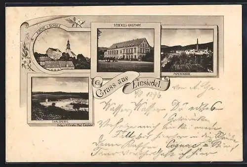 AK Einsiedel / Chemnitz, Gasthof Stoekel, Papierfabrik, Kirche & Schule