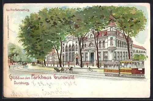 Lithographie Duisburg, Strassenbahn vor dem Gasthaus Parkhaus Grunewald, Inh. Fritz Behmenburg