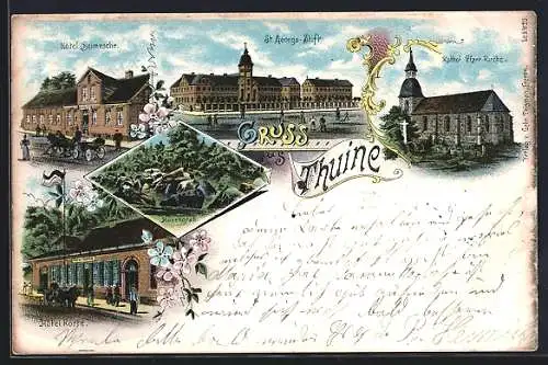 Lithographie Thuine, Hotel Korte, Hotel Beimesche, St. Georgs-Stift, Kathol. Pfarr-Kirche