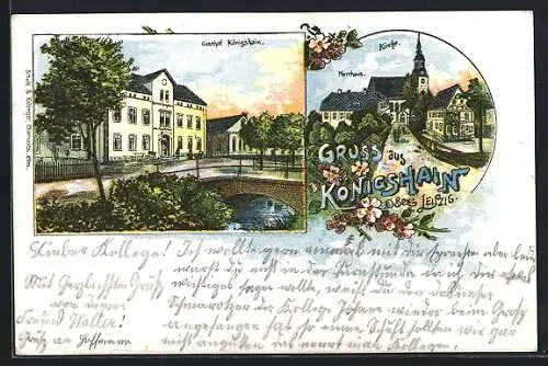 Lithographie Königshain /Leipzig, Gasthof mit Pfarrhaus und Kirche