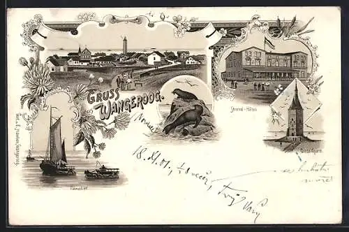 Lithographie Wangeroog, Strand-Hotel, Fährschiff, West-Thurm