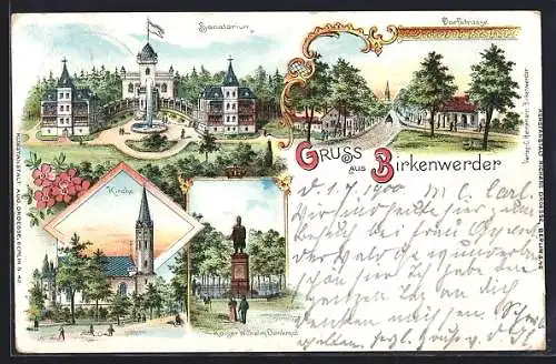 Lithographie Birkenwerder, Sanatorium, Kirche und Dorfstrasse