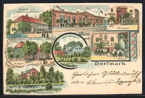 Lithographie Dorfmark, Gasthof zum Deutschen Hause, Viller Allermann, Gasthof zu den drei Linden