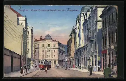 AK Sarajevo, Franz Ferdinand-Strasse mit Strassenbahn und Landesbank