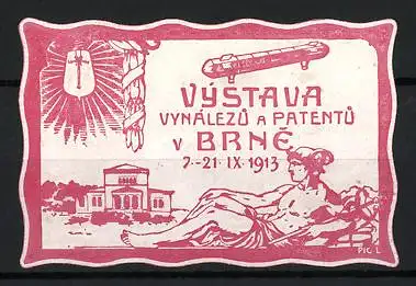 Reklamemarke Brno, Výstava Vynálezu a Patentu 1913, Luftschiff, Hermes und Glühlampe