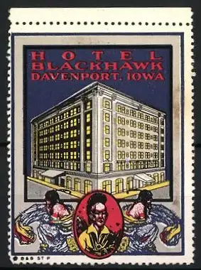 Reklamemarke Davenport, Iowa, Hotel Blackhawk, Portrait eines Kriegers