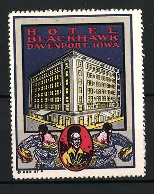 Reklamemarke Davenport, Iowa, Hotel Blackhawk, Portrait eines Kriegers