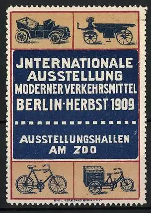 Reklamemarke Berlin, Internationale Ausstellung moderner Verkehrsmittel 1909, Automobil, Lastenrad und Fahrrad