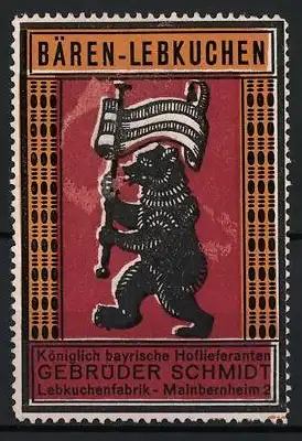 Reklamemarke Mainbernheim, Lebkuchenfabrik Gebrüder Schmidt, Bären-Lebkuchen, Bär mit Flagge