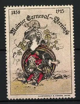 Reklamemarke Mainz, Mainzer Carneval-Verein 1838-1913, Narr sitzt in einem Fass