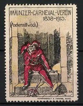 Reklamemarke Mainz, Mainzer Carneval-Verein 1838-1913, Narr mit Kater am Aschermittwoch