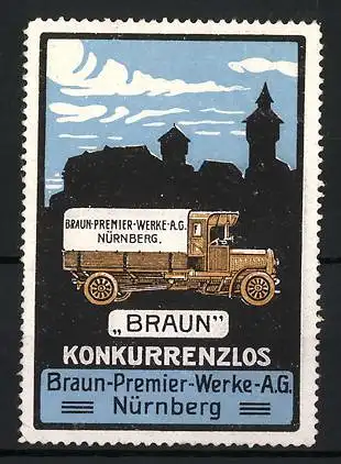 Reklamemarke Nürnberg, Braun-Premier-Werke AG, Lastkraftwagen und Stadtsilhouette