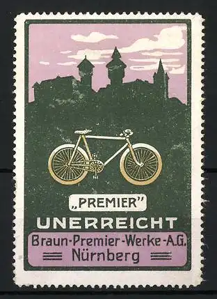 Reklamemarke Nürnberg, Braun-Premier-Werke AG, Fahrrad und Schlosssilhouette