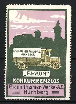 Reklamemarke Nürnberg, Braun-Premier-Werke AG, Lastkraftwagen und Stadtsilhouette