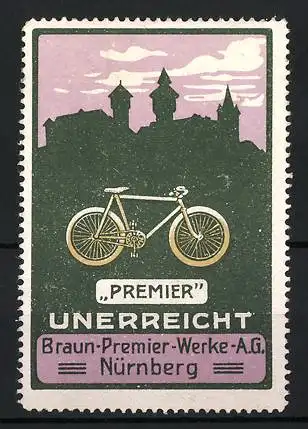 Reklamemarke Nürnberg, Braun-Premier-Werke AG, Fahrrad und Schlosssilhouette