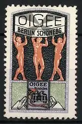 Reklamemarke Oigee Binocles, Fernglas, Berlin-Schöneberg, drei nackte Figuren