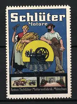 Reklamemarke München, Schlüter Motore, Motorenfabrik Anton Schlüter, Bauern mit landwirtschaftl. Maschine