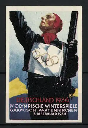 Künstler-Reklamemarke Ludwig Hohlwein, Garmisch-Partenkirchen, IV. Olympische Winterspiele 1936, Skiläufer