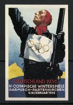 Künstler-Reklamemarke Ludwig Hohlwein, Garmisch-Partenkirchen, IV. Olympische Winterspiele 1936, Skiläufer