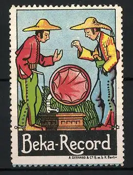 Reklamemarke Beka-Record, zwei Asiaten stehen vor einem Grammophon