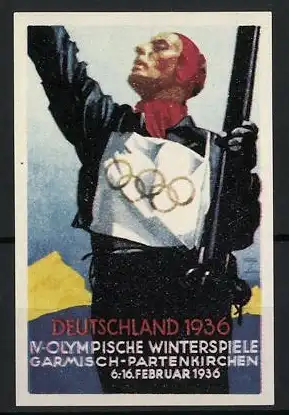 Künstler-Reklamemarke Ludwig Hohlwein, Garmisch-Partenkirchen, IV. Olympische Winterspiele 1936, Skiläufer