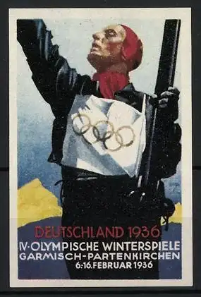 Künstler-Reklamemarke Ludwig Hohlwein, Garmisch-Partenkirchen, IV. Olympische Winterspiele 1936, Skiläufer