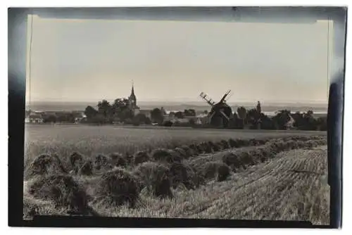 Fotografie Brück & Sohn, Meissen, Ansicht Obermittelebersbach, Blick übers Feld nach der Windmühle und zum Ort