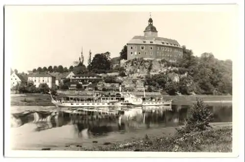 Fotografie Brück & Sohn, Meissen, Ansicht Hirschstein a. Elbe, Raddampfer am Schloss, S.V.K. Erholungsheim