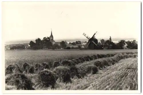 Fotografie Brück & Sohn, Meissen, Ansicht Obermittelebersbach, Blick nach der Windmühle und dem Ort, Heuschober