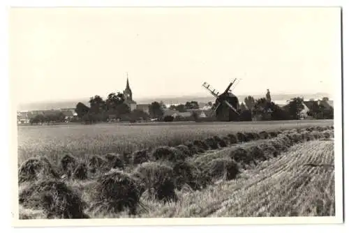 Fotografie Brück & Sohn, Meissen, Ansicht Obermittelebersbach, Blick nach der Windmühle am Ort, Heuschober auf Feld