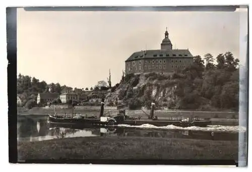 Fotografie Brück & Sohn, Meissen, Ansicht Hirschstein / Elbe, Raddampfer Roudnice mit Blick zum Schloss