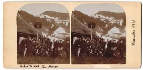 Stereo-Fotografie Ed. Dormond, Vevey, unbekannter Ort, Gesellschaft mit Weihnachtsbaum vor Berghütte 1913