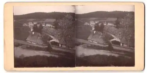 Stereo-Fotografie unbekannter Ort, Dame mit Schirm blickt vom Hang zum Ort